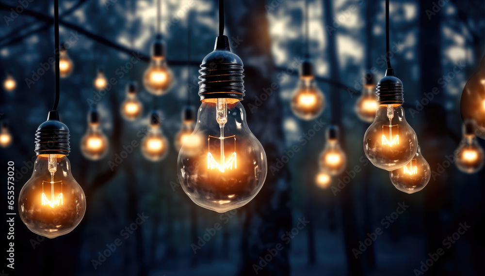 Poster glowing light bulb on tree branches in garden.
