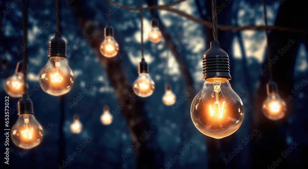 Poster glowing light bulb on tree branches in garden.