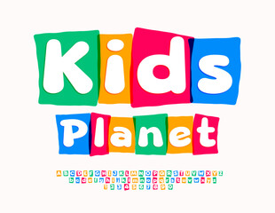 Vector colorful badge Kids Planet. Funny bright Font. Creative Alphabet Letters and Numbers.