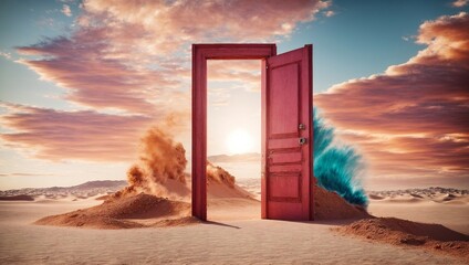 Open a pink portal in the desert. Unknown and starting to come up with creative ideas This is a 3D illustration. - obrazy, fototapety, plakaty