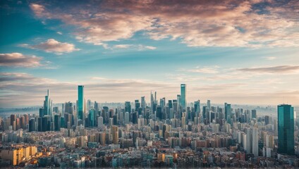 Fototapeta premium Aerial shot of a modern city with empty buildings and a beautiful red skyline. Generative AI illustration