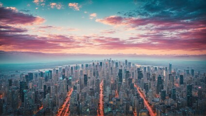 Aerial shot of a modern city with empty buildings and a beautiful red skyline. Generative AI illustration