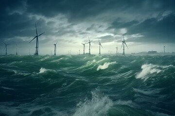 offshore wind farms in stormy sea, gloomy seascape with wind generators, sustainable green energy concept. Generative AI - obrazy, fototapety, plakaty