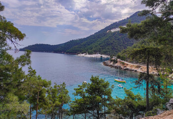 The coast line of the Thassos Ilsand in Greece , the Aegean see and typical pine mediterranean forest , turquoise water and a couple of boats near the shore