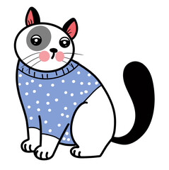 A black and white polka dot cartoon cat wearing a blue sweater is sitting.
on a white background.