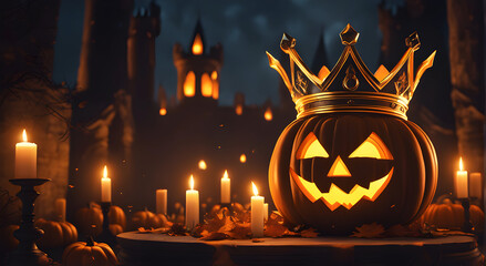 Glowing Pumpkin in Castle, Halloween Night Background, Ai generated.