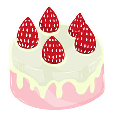 Cartoon strawberry cake decorated with strawberries and cream for a snack. Delicious taste.