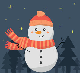 a cartoon snowman in a red hat and scarf