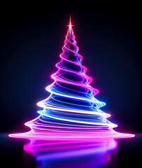 Futuristic creative cyberpunk concept of Christmas tree with neon hoops on urban dark background. New year party.