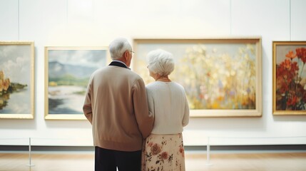An elderly couple is seen engaging in a cultural outing, appreciating the beauty of various artworks displayed in a museum exhibition. Traveling together, immersing themselves in the world of art.