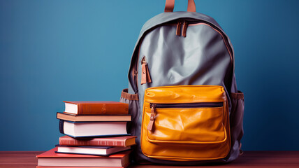 Full school backpack with various school bags and textbooks. - obrazy, fototapety, plakaty