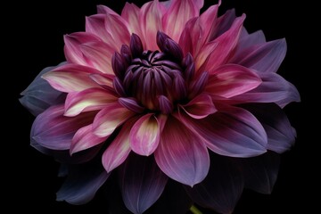 Black isolated dahlia with dark pink and purple hues. Generative AI - obrazy, fototapety, plakaty
