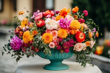 Obraz na płótnie Canvas Colorful floral arrangement for a wedding ceremony. Generative AI