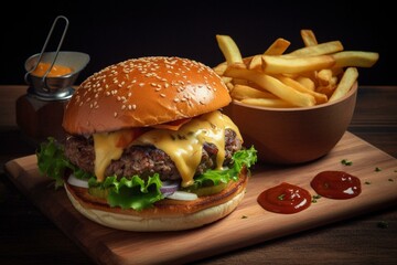 A mouthwatering burger topped with fries and delectable sauce. Generative AI