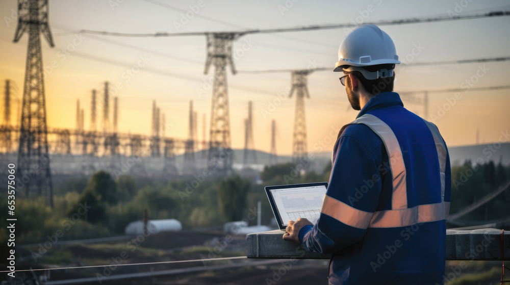 Poster engineer working on power plant with laptop, checking substation power.