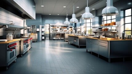 Large cooking kitchen in a modern hotel. - obrazy, fototapety, plakaty