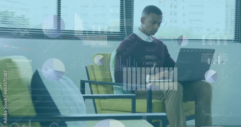 Poster animation of statistical data processing over thoughtful african american man using laptop at office