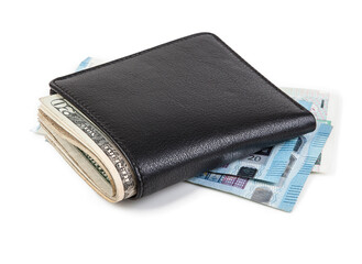 Black leather wallet with euro banknotes isolated on a white background.