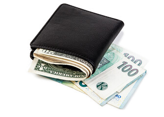 Dollars and czech crowns in a black leather wallet isolated on a white background