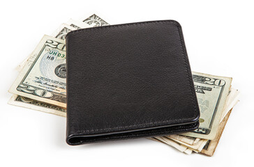 Black leather wallet with dollars isolated on white background. Close up.