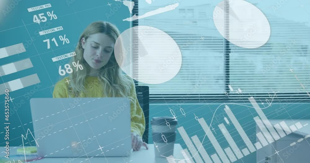 Aufkleber animation of statistical data processing over thoughtful caucasian woman taking notes at office
