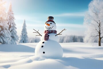 Obraz premium Snowman in stylish hat and Scalf on snowy field. Merry Christmas and happy New Year theme and Blue sky on background. AI Generative