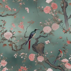 luxury chinoiserie art with plum tree, birds and peony flowers seamless pattern on blue jade green background