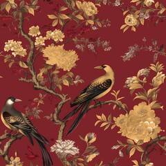 luxury chinoiserie art with plum tree, birds and peony flowers seamless pattern on ruby red background