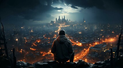 Man in a jacket with a hood in the city at night view from the back, concept of internet crimes cyber crimes and hackers