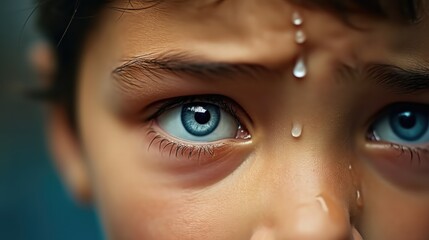 Young boy child crying, Tears on the face, Sad mood. - obrazy, fototapety, plakaty