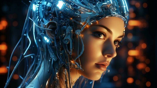 Beautiful cyborg robot woman futuristic high-tech mixture of human and computer. Synergy between humanity and artificial intelligence in the future