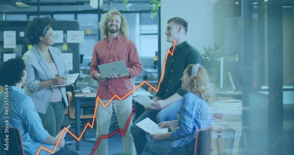 Poster animation of statistical data processing against diverse team of colleagues discussing at office