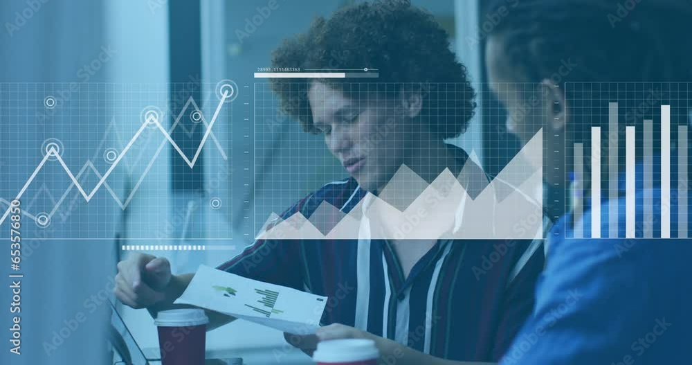 Poster animation of statistical data processing over two diverse man discussing over a document at office