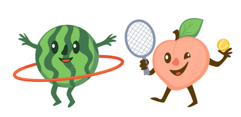 Sportive fruits character, watermelon and peach