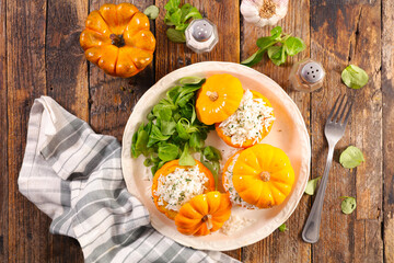 small pumpkins stuffed with rice- vegetarian dish-Halloween, autumn food