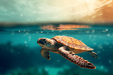 Green sea turtle swimming underwater in the ocean. Underwater world.