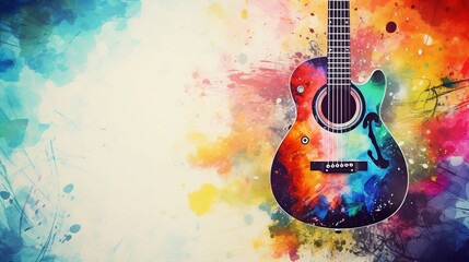 Colorful guitar on watercolor painting background