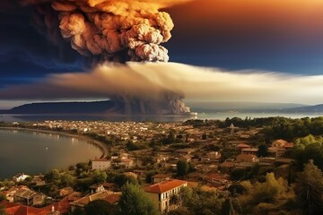 Imagination of Campi Flegrei caldera eruption in Italy. Generative AI.