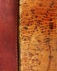 Closeup detail of old grunge leather texture for background. Brown color.