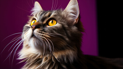 Cute gray cat on light purple background. Banner with pet and space for text