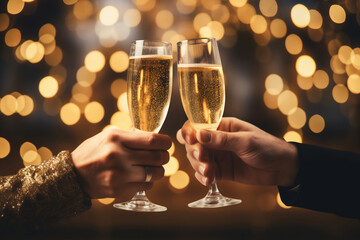 man and woman cheering with glasses of champagne at new year celebration with golden bokeh background