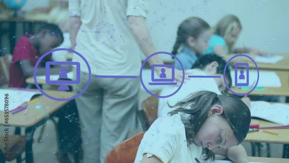 Poster animation of network of digital icons against diverse students studying in the class at school