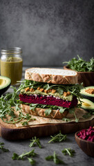 Vegan sandwiches with beetroot hummus. sandwich with beet, cheese, avocado and arugula