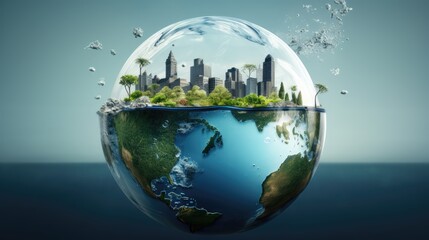 Surrealistic ecological picture of our planet covered with water in glass ball symbolizing  environment sustainability and preservation for eco-consciousness