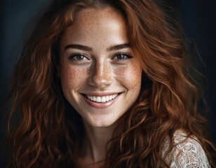 Fototapeta premium Portrait photo of a smiling brown curly hair and brown eyed girl with freckles
