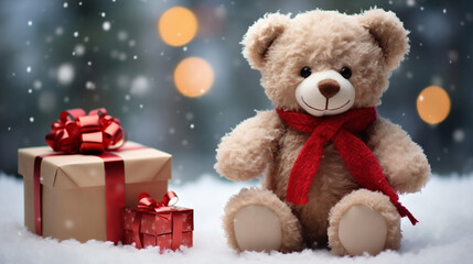 Teddy bear with gift boxes on snow and bokeh background