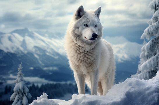 White wolf in the snowy forest. Wildlife scene from wild nature.