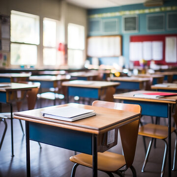 A classroom setting with a blurred background and an empty student desk arrangement