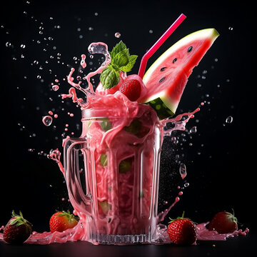 A watermelon fruit Milkshake with splashing liquid and watermelon fruit Tap in a dark background