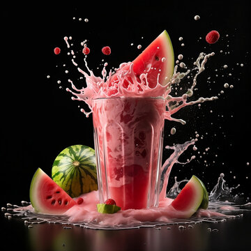 A watermelon fruit Milkshake with splashing liquid and watermelon fruit Tap in a dark background